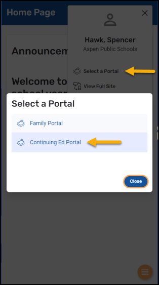 Select a Portal pop-up